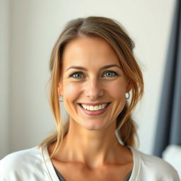 A 35-year-old woman with a combination of European features, showcasing Scandinavian, Slavic, and Mediterranean traits