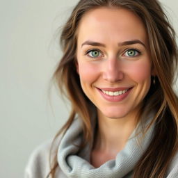 A 35-year-old woman with a combination of European features, showcasing Scandinavian, Slavic, and Mediterranean traits