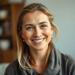 A 35-year-old woman with a combination of European features, showcasing Scandinavian, Slavic, and Mediterranean traits
