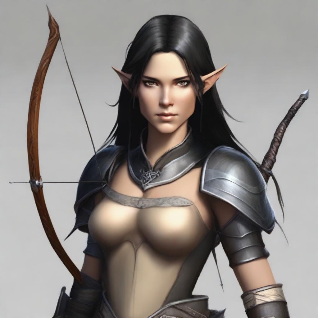 Generate an image of a female half-elf with light tan skin and black hair