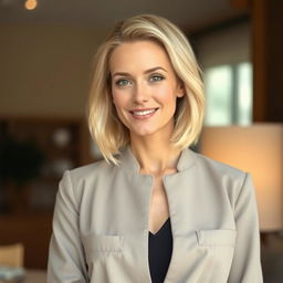 A beautiful woman of European descent aged between 30 to 35 years with light blonde hair styled gracefully
