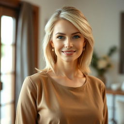 A beautiful woman of European descent aged between 30 to 35 years with light blonde hair styled gracefully