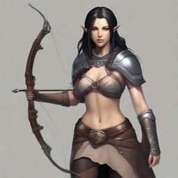 Generate an image of a female half-elf with light tan skin and black hair