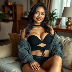 A stunning 22-year-old Indonesian woman with an attractive figure, showcasing large breasts, dressed in stylish yet comfortable home attire
