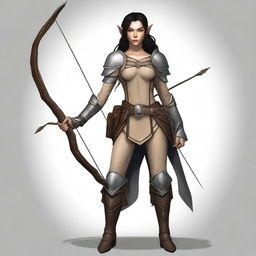 Generate an image of a female half-elf with light tan skin and black hair