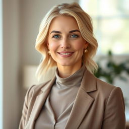 A lovely woman of European descent, aged between 30 to 35 years, with light blonde hair styled softly