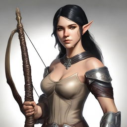 Generate an image of a female half-elf with light tan skin and black hair