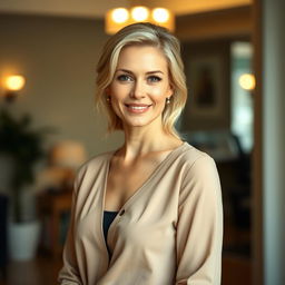 A lovely woman of European descent, aged between 30 to 35 years, with light blonde hair styled softly