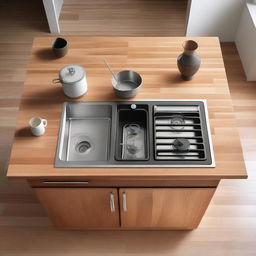 Close-up aerial view of a kitchen setting with a stove, sink, and a light wooden table for placing appliances.