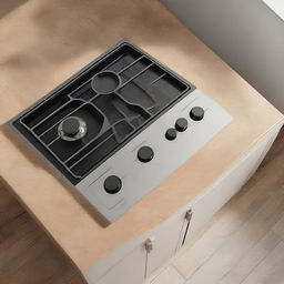 Close-up aerial view of a kitchen setting with a stove, sink, and a light wooden table for placing appliances.