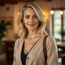 A charming woman of European descent, aged between 30 to 35 years, with soft light blonde hair styled elegantly