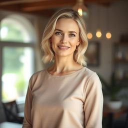 A charming woman of European descent, aged between 30 to 35 years, with soft light blonde hair styled elegantly