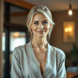 A charming woman of European descent, aged between 30 to 35 years, with soft light blonde hair styled elegantly