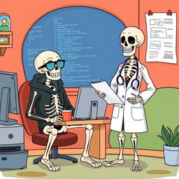 A fun and whimsical illustration of two skeletons in contrasting professions: one skeleton is a male programmer, wearing glasses and a hoodie, seated at a computer surrounded by code on the screen, with a cup of coffee next to him