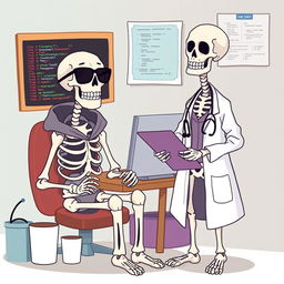 A fun and whimsical illustration of two skeletons in contrasting professions: one skeleton is a male programmer, wearing glasses and a hoodie, seated at a computer surrounded by code on the screen, with a cup of coffee next to him