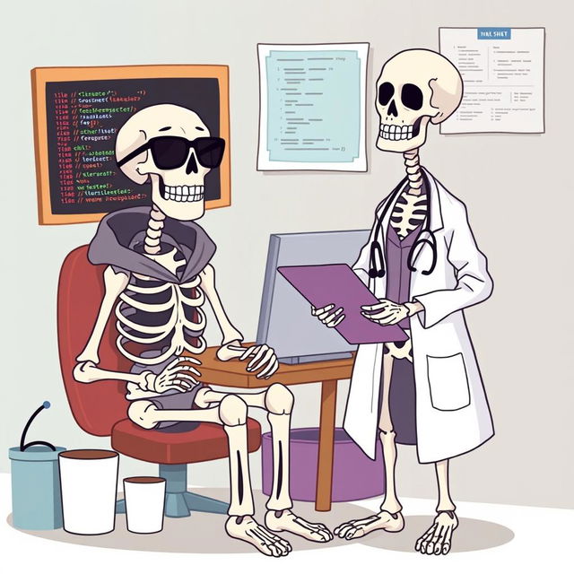 A fun and whimsical illustration of two skeletons in contrasting professions: one skeleton is a male programmer, wearing glasses and a hoodie, seated at a computer surrounded by code on the screen, with a cup of coffee next to him