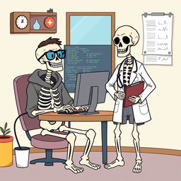 A fun and whimsical illustration of two skeletons in contrasting professions: one skeleton is a male programmer, wearing glasses and a hoodie, seated at a computer surrounded by code on the screen, with a cup of coffee next to him