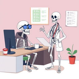 A fun and whimsical illustration of two skeletons in contrasting professions: one skeleton is a male programmer, wearing glasses and a hoodie, seated at a computer surrounded by code on the screen, with a cup of coffee next to him