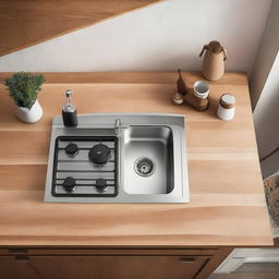 Close-up aerial view of a kitchen setting with a stove, sink, and a light wooden table for placing appliances.