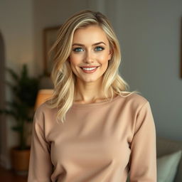 A beautiful woman of European descent, aged between 30 to 35 years, showcasing soft light blonde hair gracefully styled
