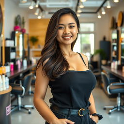 A gorgeous 22-year-old Indonesian woman with an attractive figure, featuring large breasts, depicted as a skilled hairstylist