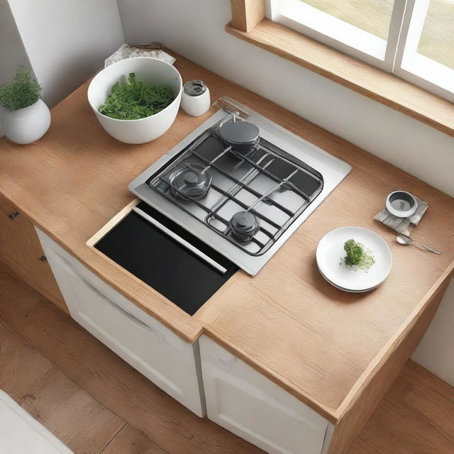 Close-up aerial view of a kitchen setting with a stove, sink, and a light wooden table for placing appliances.