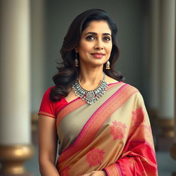 A mid 30s woman elegantly draped in a vibrant saree with intricate designs, showcasing a beautiful necklace that adds to her graceful allure