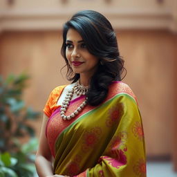 A mid 30s woman elegantly draped in a vibrant saree with intricate designs, showcasing a beautiful necklace that adds to her graceful allure