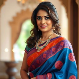 A mid 30s woman elegantly draped in a vibrant saree with intricate designs, showcasing a beautiful necklace that adds to her graceful allure