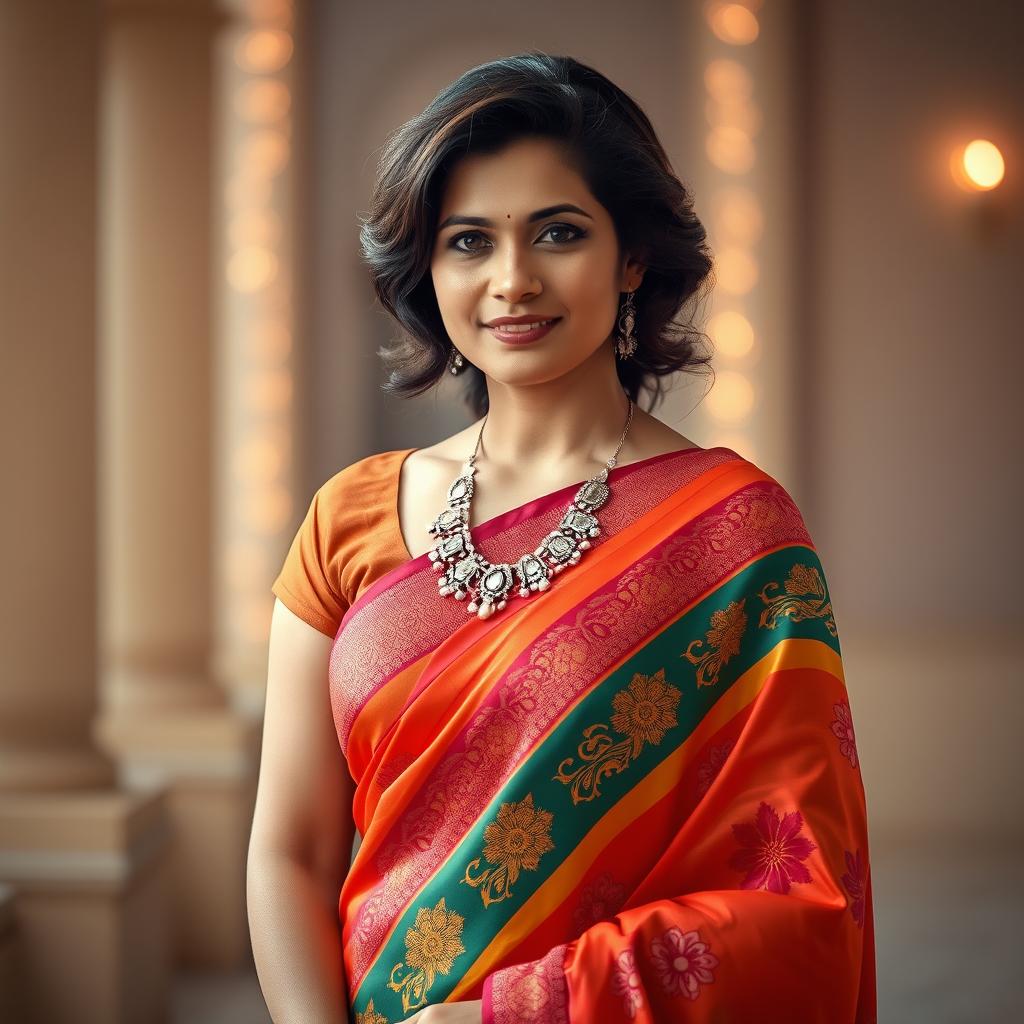 A mid 30s woman elegantly draped in a vibrant saree with intricate designs, showcasing a beautiful necklace that adds to her graceful allure