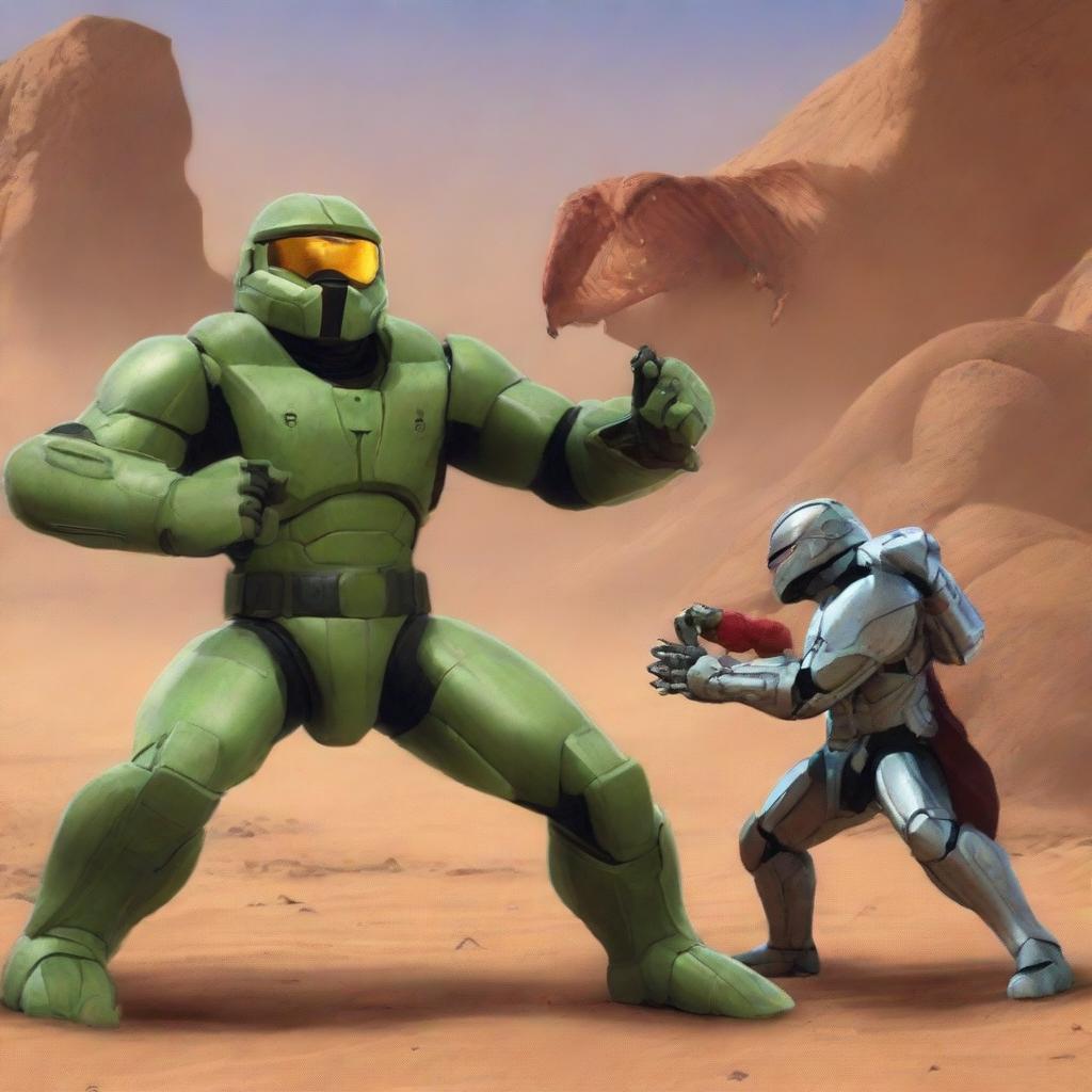 Master Chief engaging in a boxing match with a giant crab, Doom Guy and Thor keeping score, all set on the Star Wars planet Tatooine