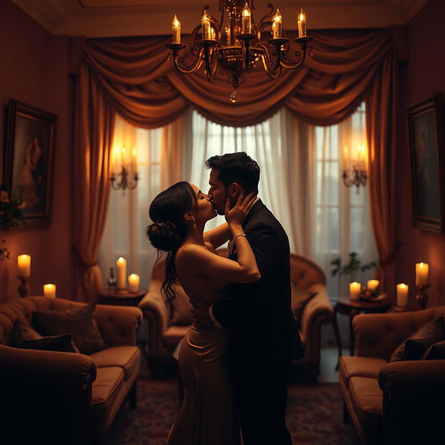 An elegant and intimate scene of a couple sharing a passionate kiss in a beautifully decorated, dimly-lit room filled with soft candlelight