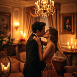 An elegant and intimate scene of a couple sharing a passionate kiss in a beautifully decorated, dimly-lit room filled with soft candlelight