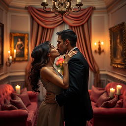 An elegant and intimate scene of a couple sharing a passionate kiss in a beautifully decorated, dimly-lit room filled with soft candlelight