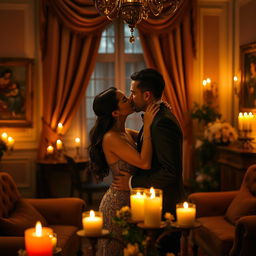 An elegant and intimate scene of a couple sharing a passionate kiss in a beautifully decorated, dimly-lit room filled with soft candlelight