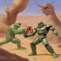 Master Chief engaging in a boxing match with a giant crab, Doom Guy and Thor keeping score, all set on the Star Wars planet Tatooine