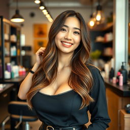 A beautiful 22-year-old South Korean woman with an attractive figure, featuring large breasts, dressed in stylish salon attire