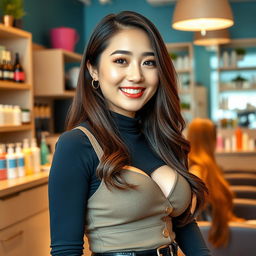 A beautiful 22-year-old South Korean woman with an attractive figure, featuring large breasts, dressed in stylish salon attire