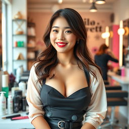 A beautiful 22-year-old South Korean woman with an attractive figure, featuring large breasts, dressed in stylish salon attire