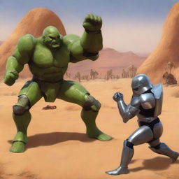 Master Chief engaging in a boxing match with a giant crab, Doom Guy and Thor keeping score, all set on the Star Wars planet Tatooine