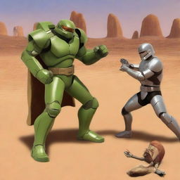 Master Chief engaging in a boxing match with a giant crab, Doom Guy and Thor keeping score, all set on the Star Wars planet Tatooine