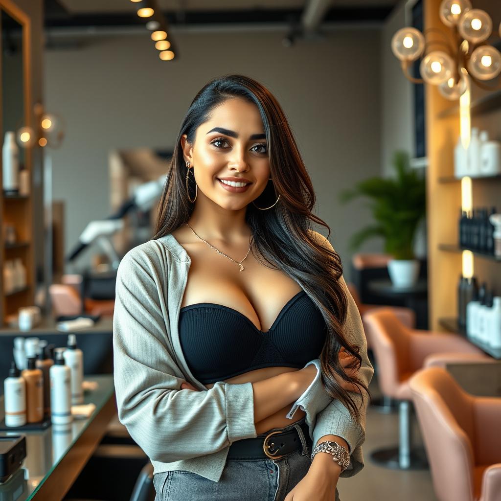 A beautiful 22-year-old Arab woman with an attractive figure, featuring large breasts, depicted as a skilled hairstylist