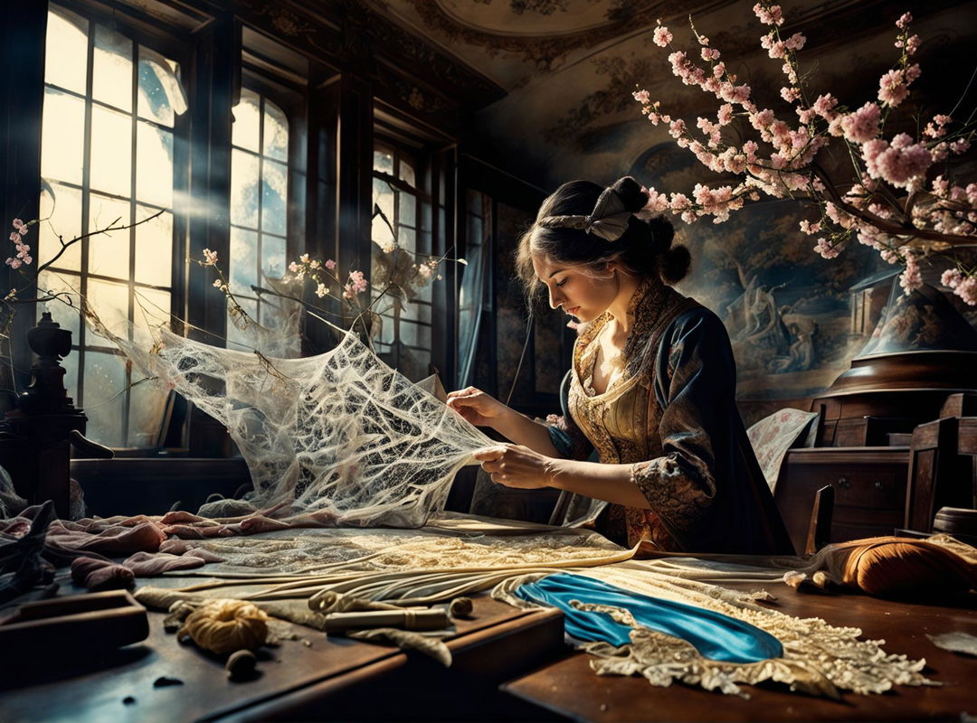 A rococo-style room with a seamstress crafting an otherworldly garment from luxurious spider silk