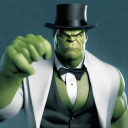 The Hulk dressed elegantly in a gentleman's suit, complete with a top hat and monocle.