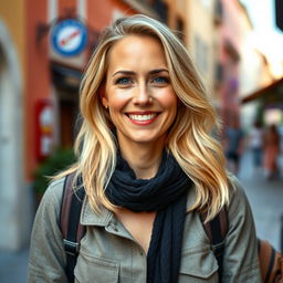 A lovely woman of European descent, aged between 30 to 35 years, with soft light blonde hair