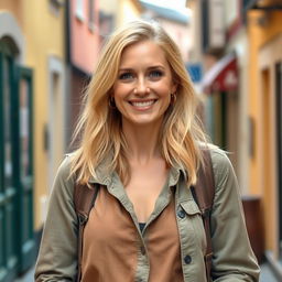 A lovely woman of European descent, aged between 30 to 35 years, with soft light blonde hair