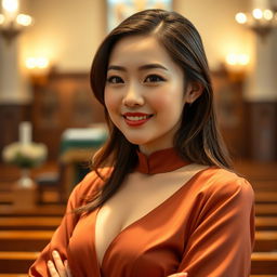 A beautiful 22-year-old Chinese woman with an attractive figure, featuring large breasts, depicted as a confident and serene Christian pastor