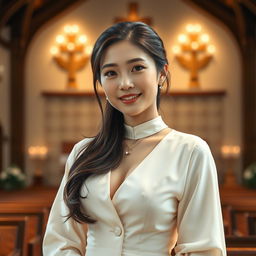 A beautiful 22-year-old Chinese woman with an attractive figure, featuring large breasts, depicted as a confident and serene Christian pastor