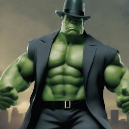 The Hulk dressed elegantly in a gentleman's suit, complete with a top hat and monocle.