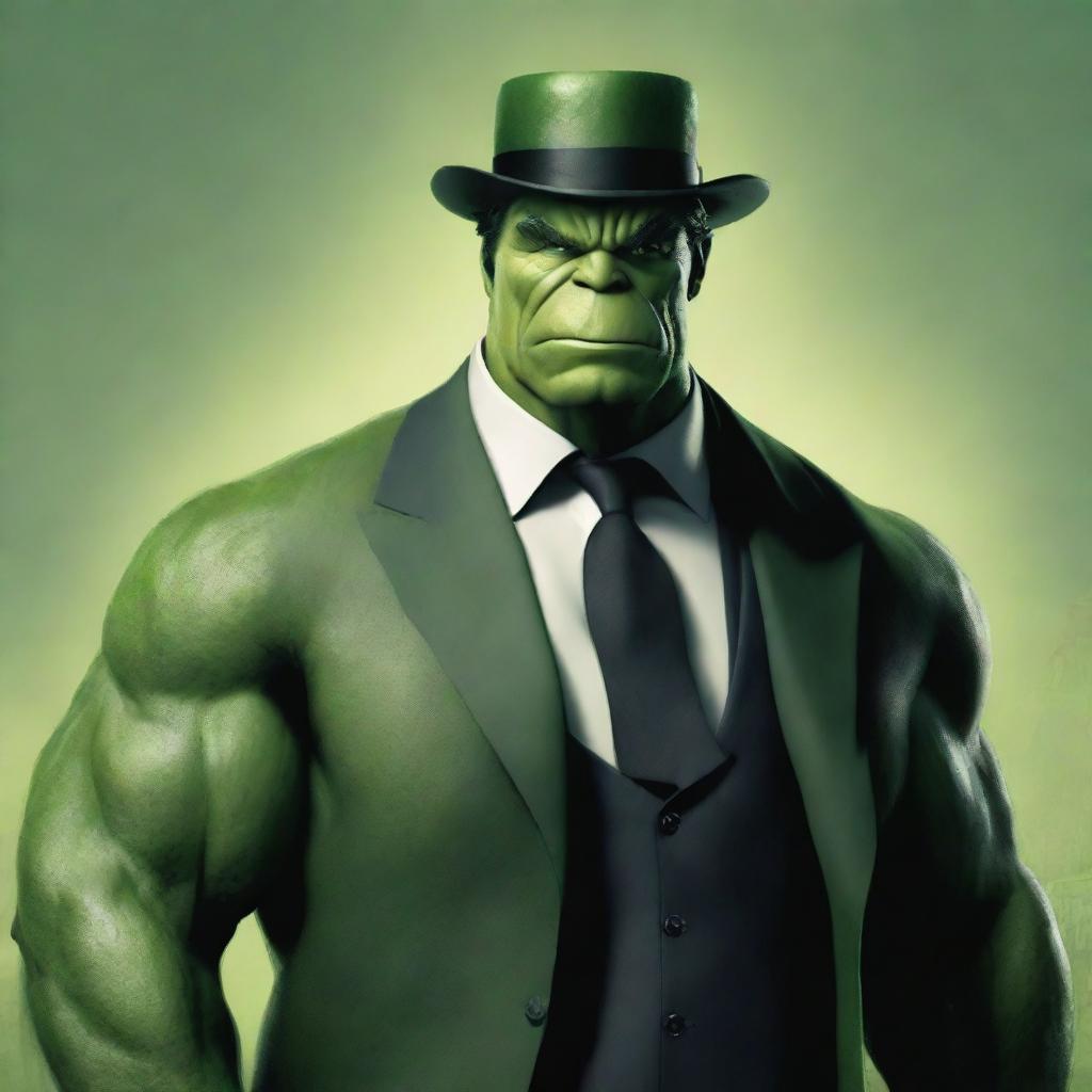 The Hulk dressed elegantly in a gentleman's suit, complete with a top hat and monocle.